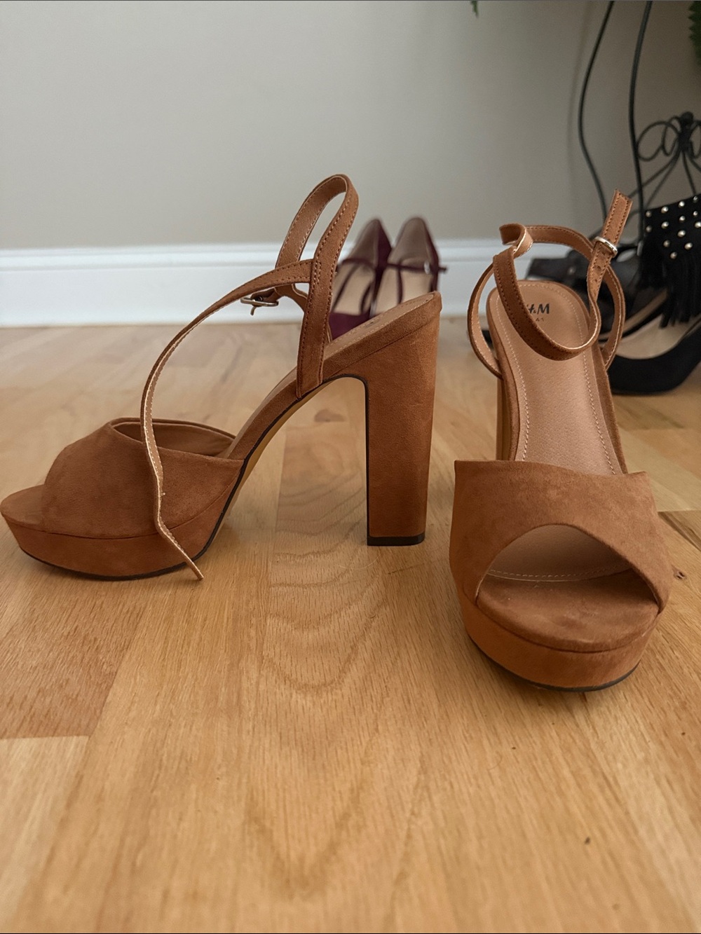 H&M Cognac Suede Platform Block Heels